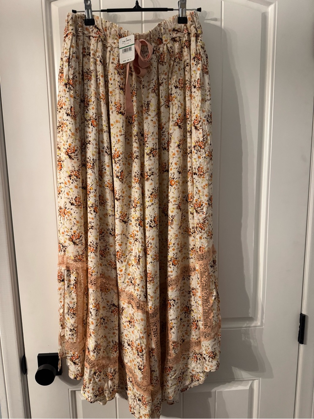 Free People Cream Floral Maxi Skirt with Tan Lace Accents